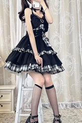 BXOXO - Black/White Plaid Print Color Contrast Leather Buckle Bowknot Ruffle Gothic Lolita JSK Dress